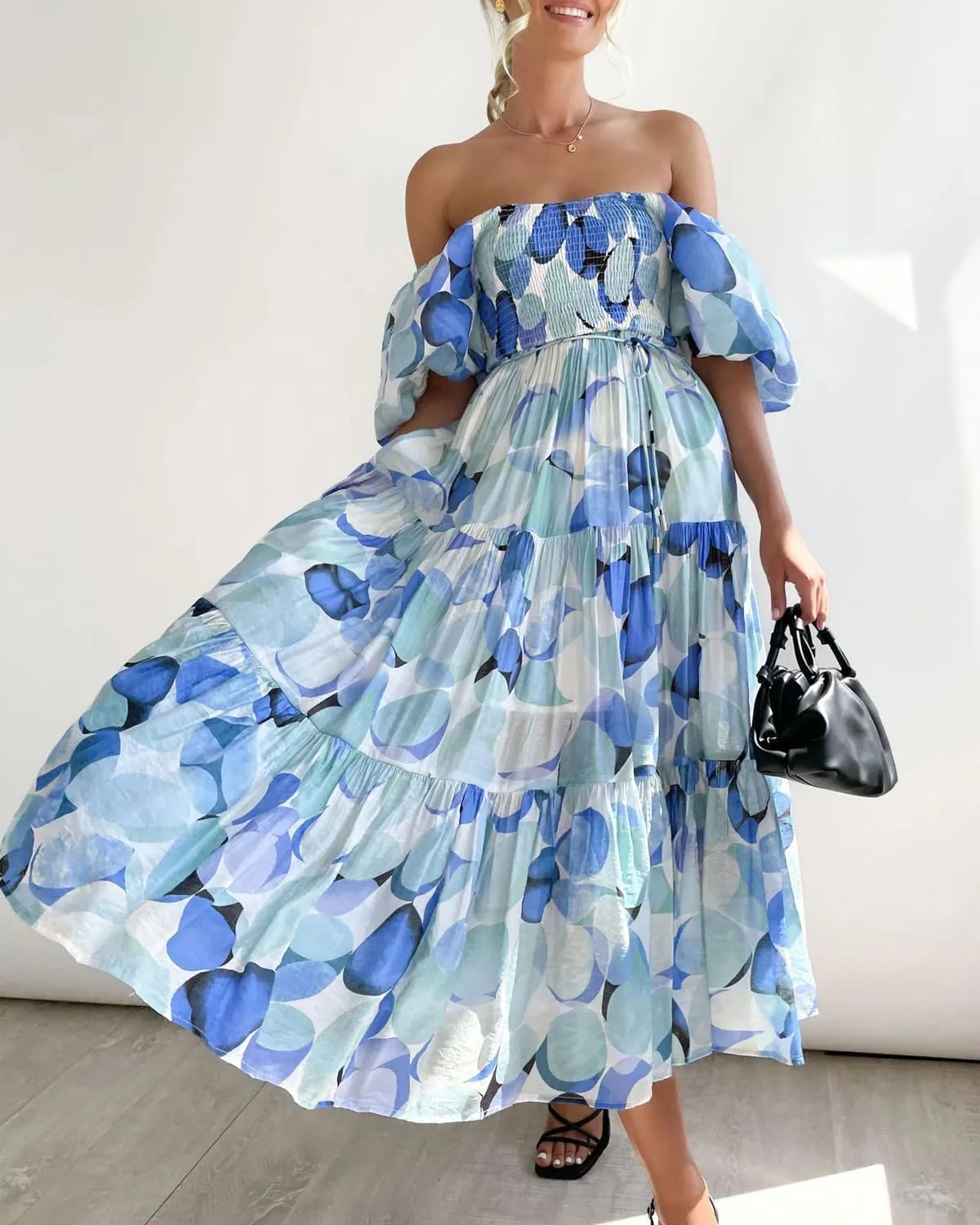 Women's Summer Floral Off Shoulder Dress Square Neck Puff Sleeve Midi Dress High Waist Flowy A Line Beach Party Dress