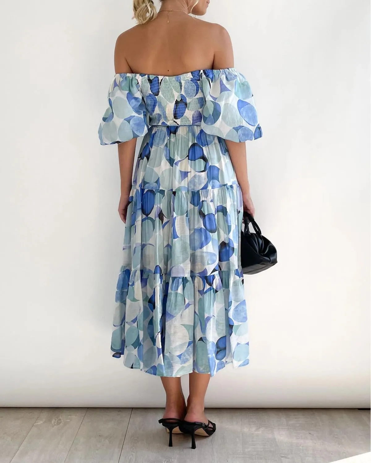 Women's Summer Floral Off Shoulder Dress Square Neck Puff Sleeve Midi Dress High Waist Flowy A Line Beach Party Dress