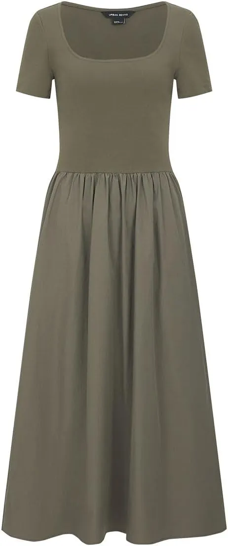 Women's Summer Short Sleeve Dress Square Neck A-line Dresses High Waist Midi Sundress Elegant