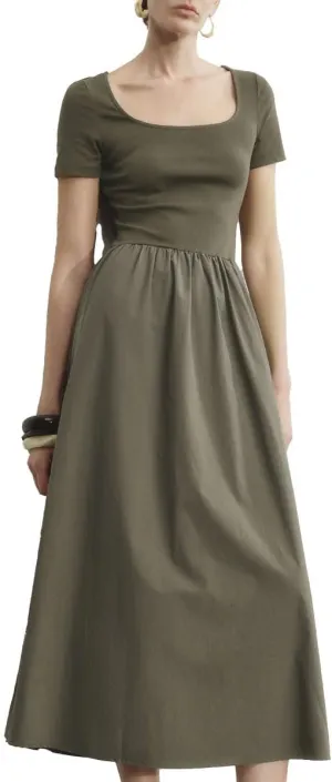 Women's Summer Short Sleeve Dress Square Neck A-line Dresses High Waist Midi Sundress Elegant