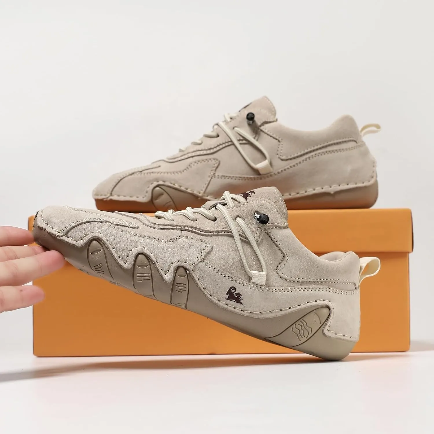 Women's Waterproof Suede Casual Walking Shoes for Hiking Camping & Driving All Season Fashion Retro Elastic Lace Up Hand Stitched Outdoor Sports Sneakers