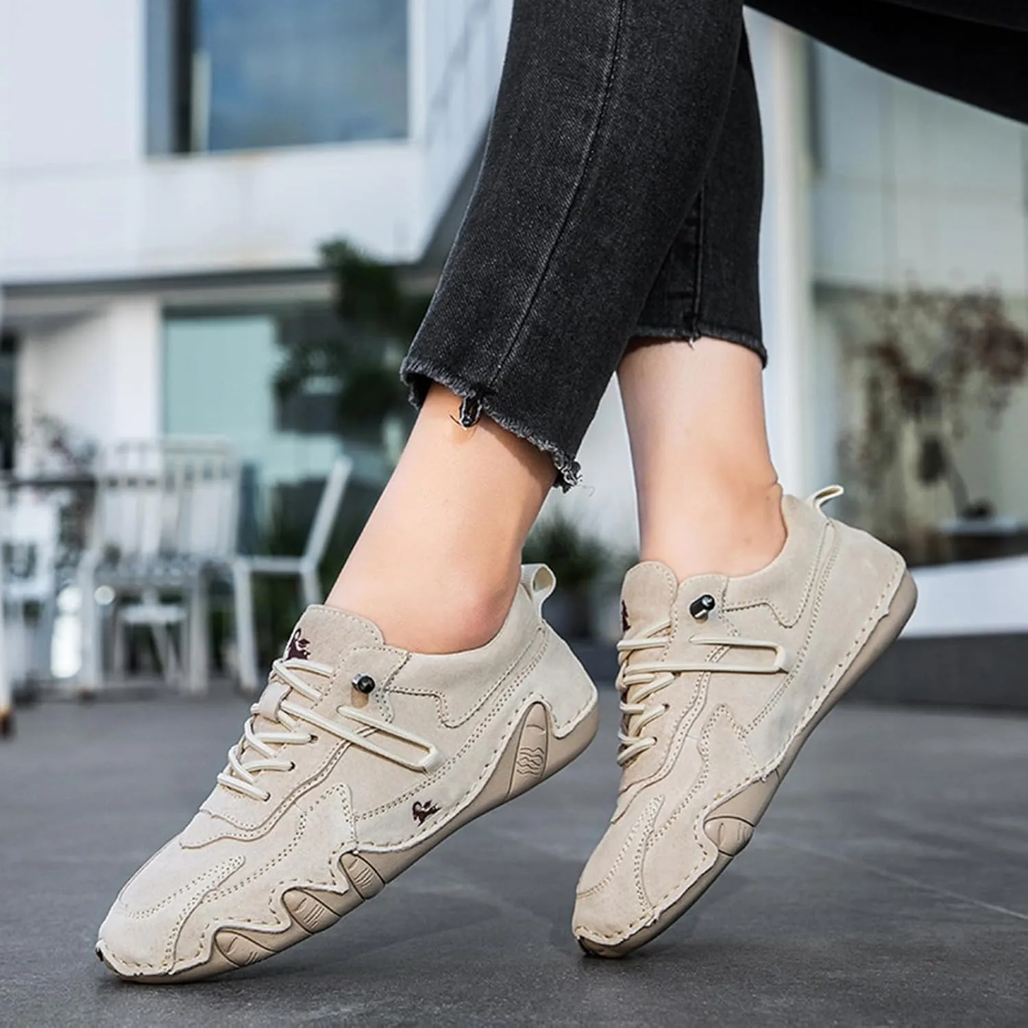 Women's Waterproof Suede Casual Walking Shoes for Hiking Camping & Driving All Season Fashion Retro Elastic Lace Up Hand Stitched Outdoor Sports Sneakers