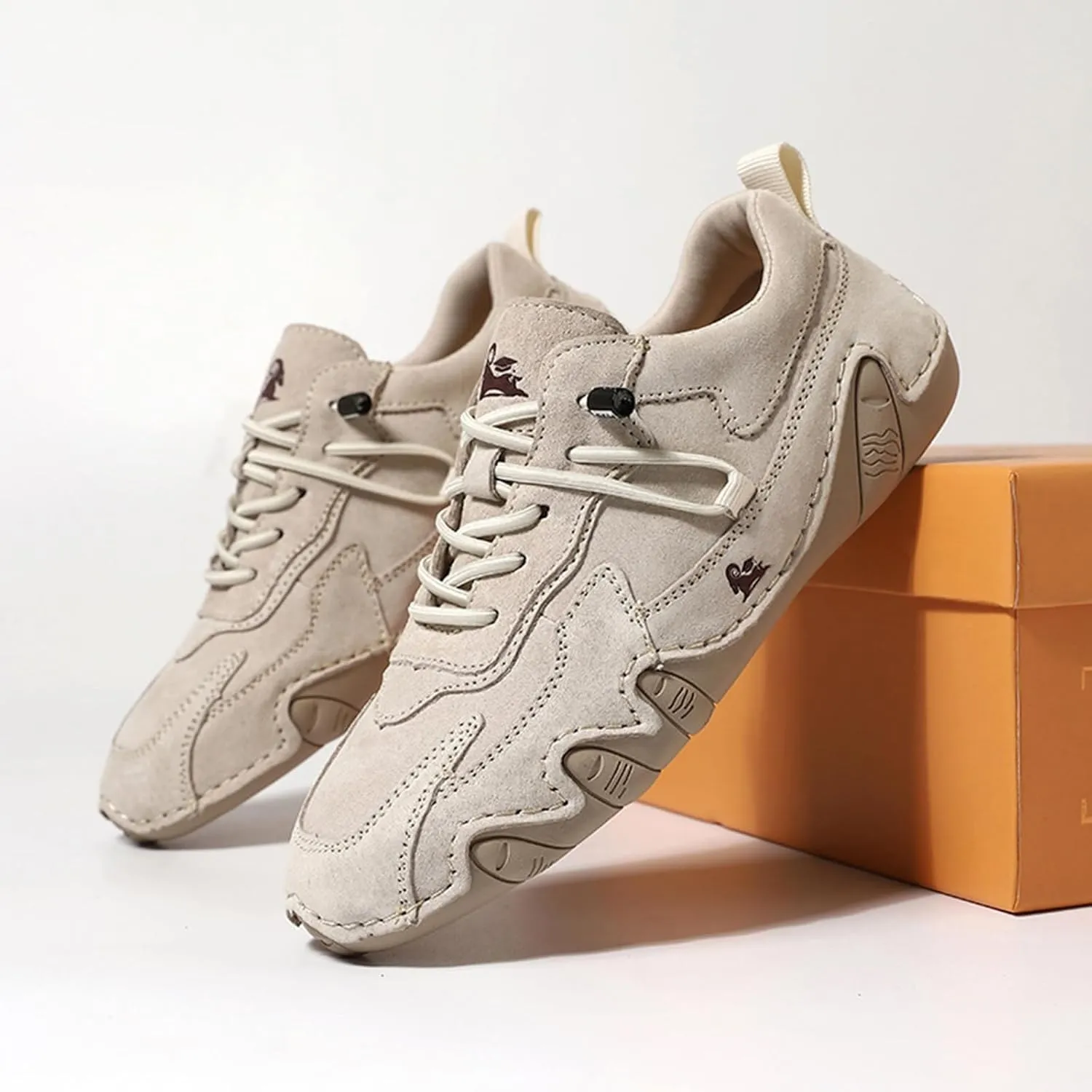 Women's Waterproof Suede Casual Walking Shoes for Hiking Camping & Driving All Season Fashion Retro Elastic Lace Up Hand Stitched Outdoor Sports Sneakers