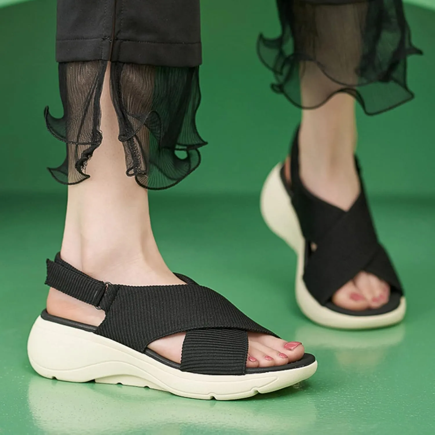 Women's Wedge Sandals Comfort Slingback Arch Support Ribbed Cross-Strap Design Sandal Breathable Cushioned Stain Resistant Sports Shoes Outdoors Beach Office Yoga Party Walking Shoes