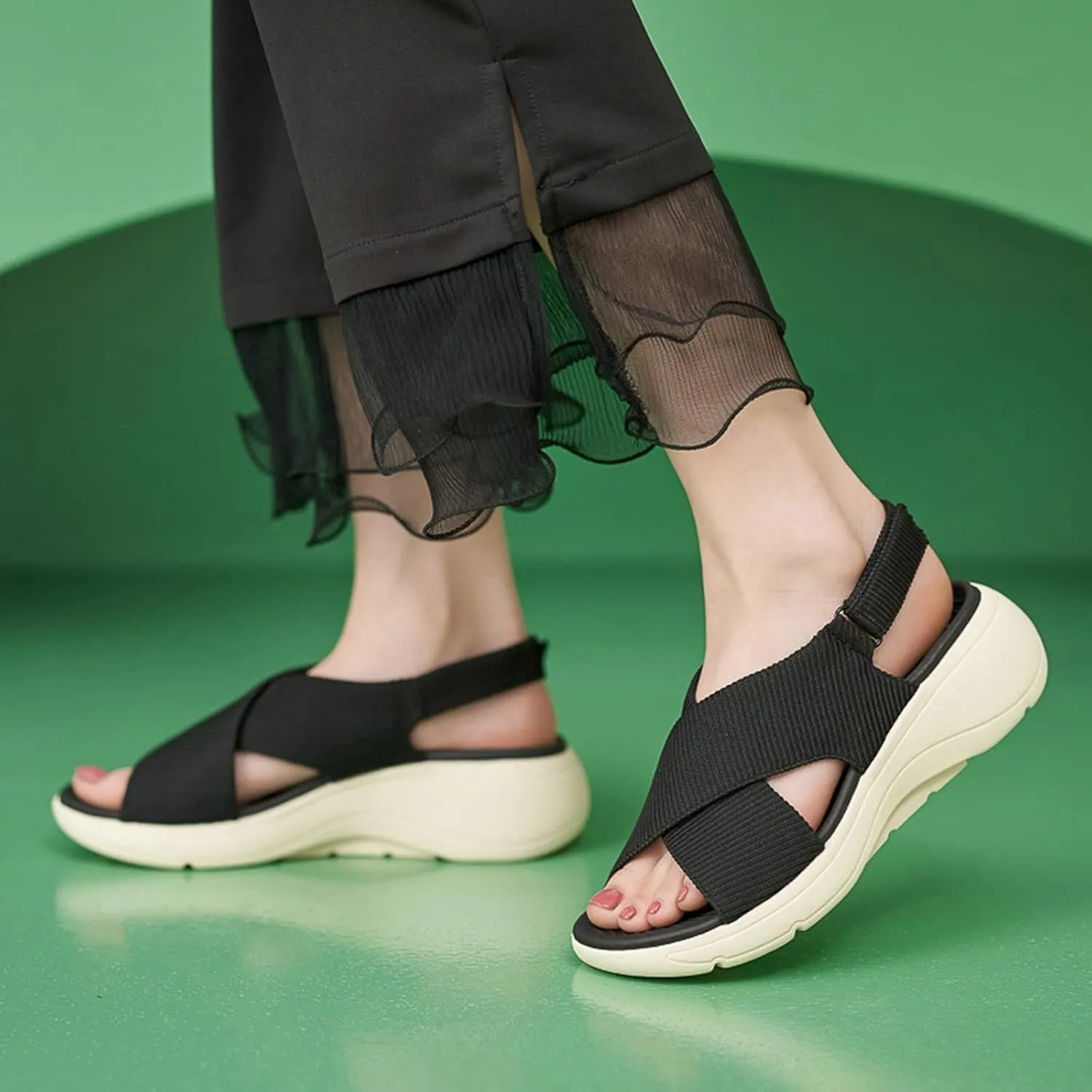 Women's Wedge Sandals Comfort Slingback Arch Support Ribbed Cross-Strap Design Sandal Breathable Cushioned Stain Resistant Sports Shoes Outdoors Beach Office Yoga Party Walking Shoes