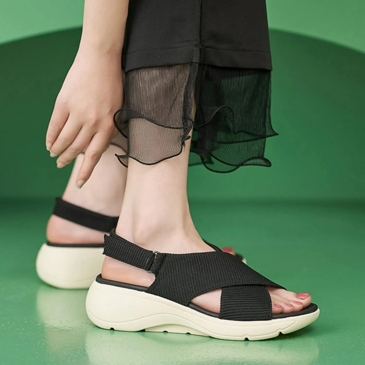 Women's Wedge Sandals Comfort Slingback Arch Support Ribbed Cross-Strap Design Sandal Breathable Cushioned Stain Resistant Sports Shoes Outdoors Beach Office Yoga Party Walking Shoes