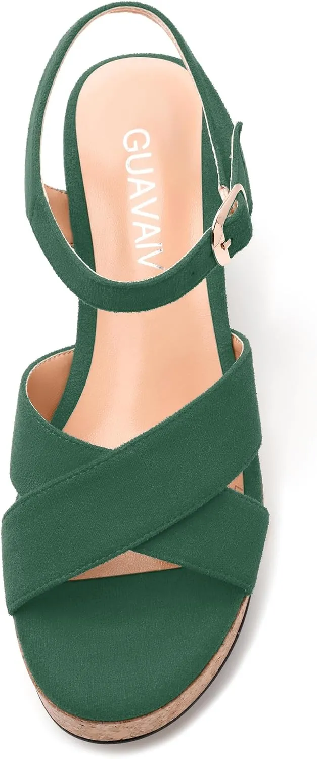 Women's Wedge Sandals, Open Round Toe Heeled Sandals for Women, Ankle Strap Buckle Fashion Solid Platform Sandals for Dating Working Party