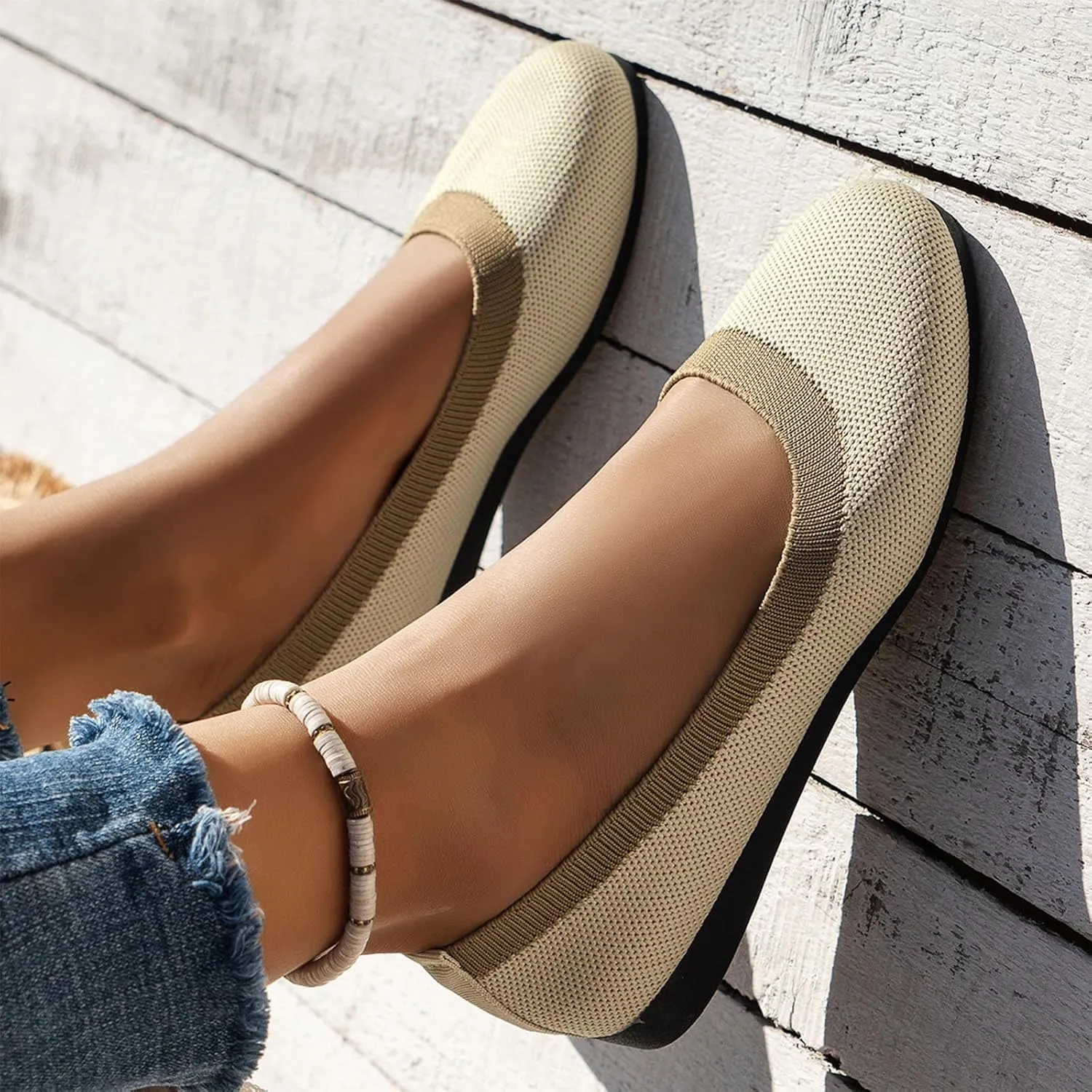Women's Wide Fit Ballet Flats - Round Toe Slip-On Knit Shoes with Arch Support, Breathable & Comfortable for Work, Formal Dressy Occasions