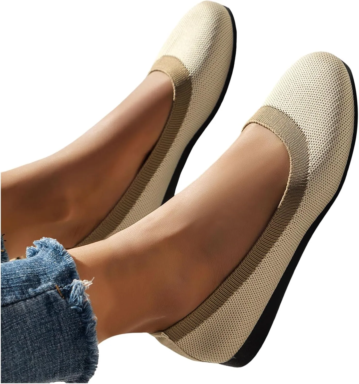Women's Wide Fit Ballet Flats - Round Toe Slip-On Knit Shoes with Arch Support, Breathable & Comfortable for Work, Formal Dressy Occasions
