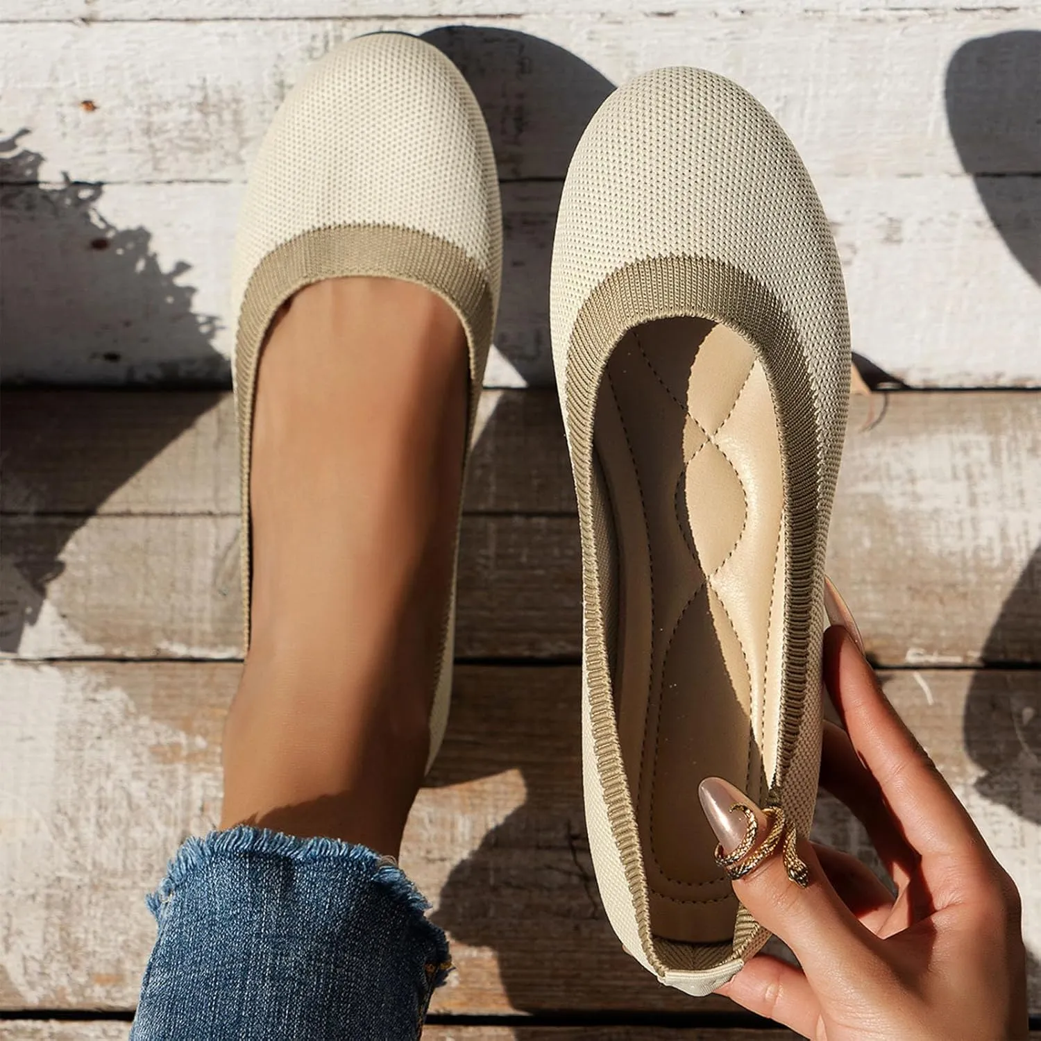 Women's Wide Fit Ballet Flats - Round Toe Slip-On Knit Shoes with Arch Support, Breathable & Comfortable for Work, Formal Dressy Occasions