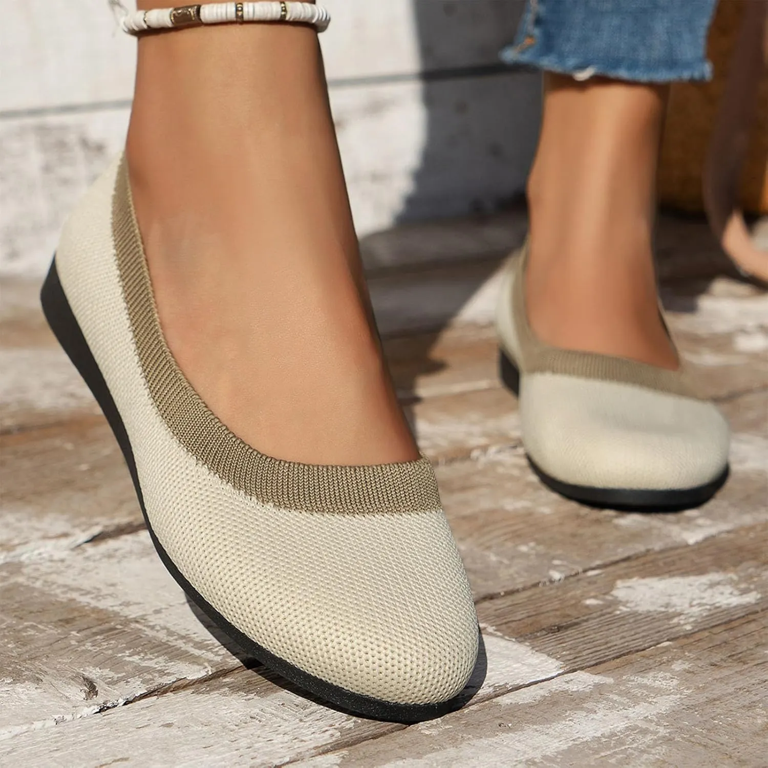 Women's Wide Fit Ballet Flats - Round Toe Slip-On Knit Shoes with Arch Support, Breathable & Comfortable for Work, Formal Dressy Occasions