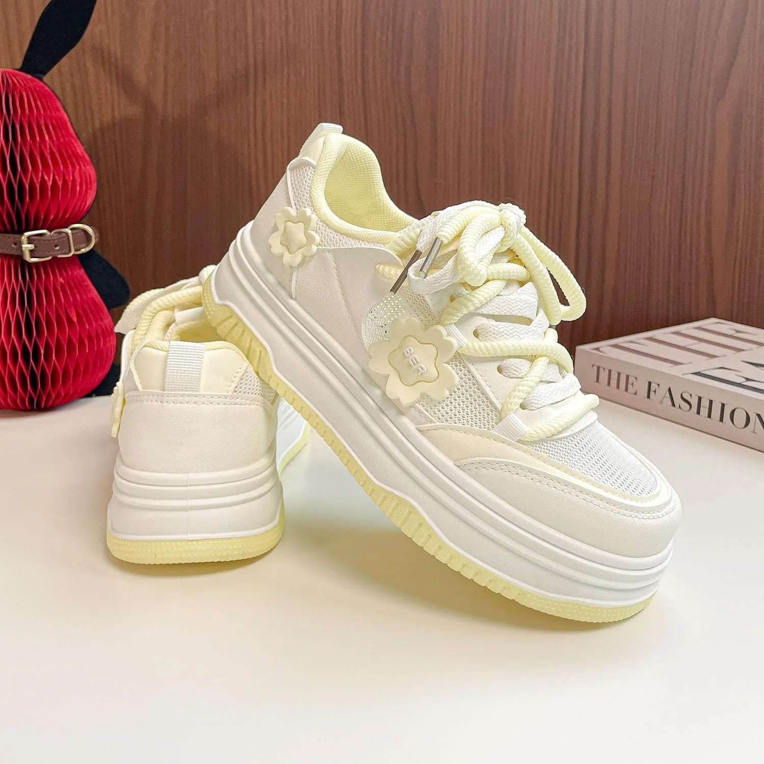 Womens Y2K Breathable Mesh Platform Sneakers College Girls Cute Fashion Campus Lightweight Walking Shoes