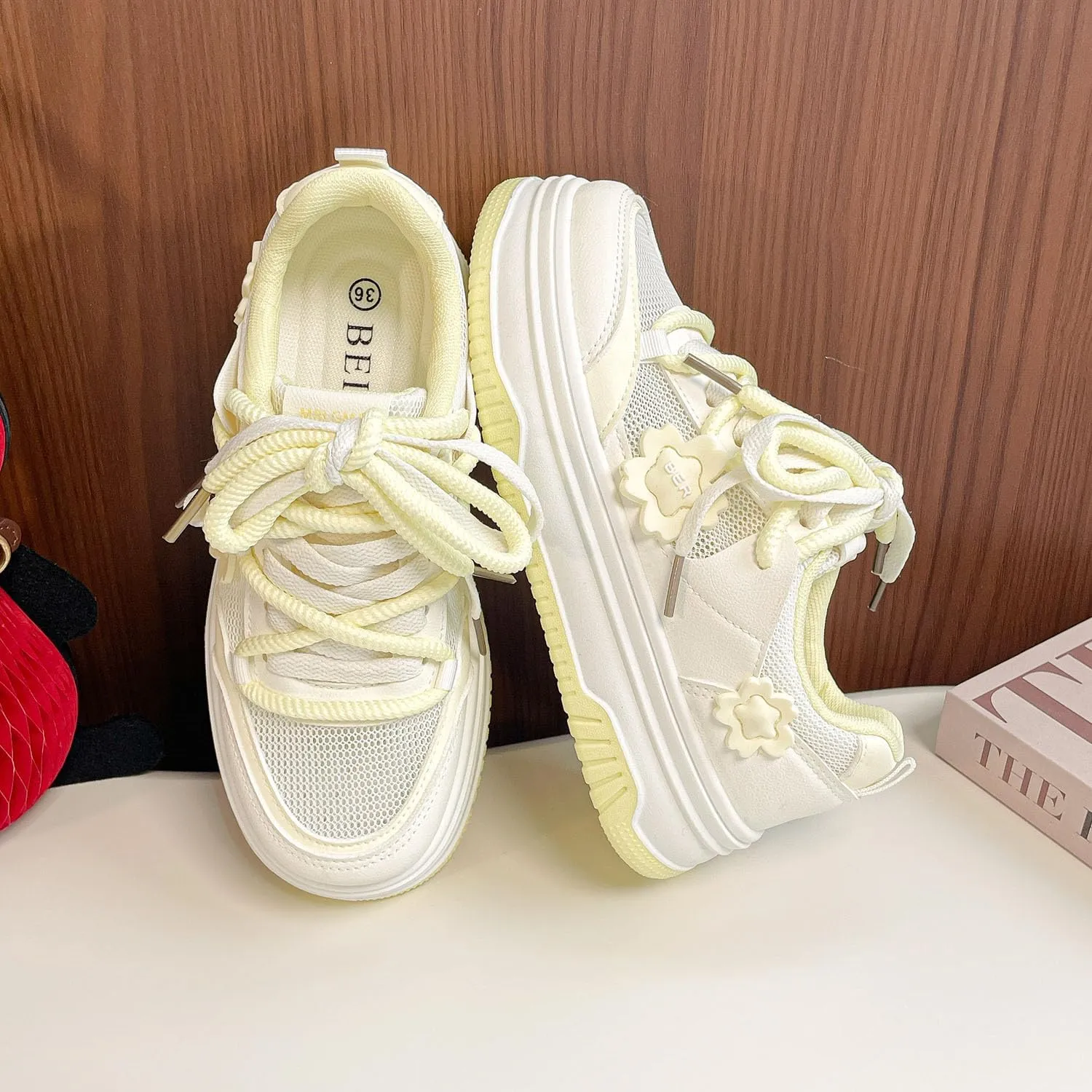 Womens Y2K Breathable Mesh Platform Sneakers College Girls Cute Fashion Campus Lightweight Walking Shoes