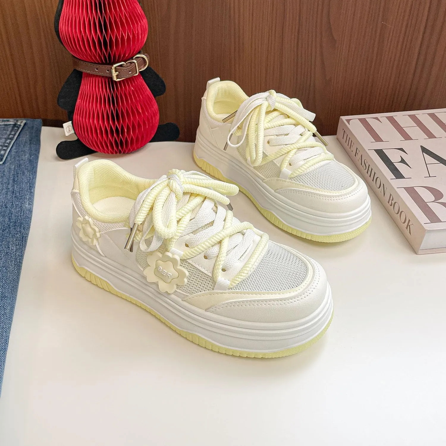 Womens Y2K Breathable Mesh Platform Sneakers College Girls Cute Fashion Campus Lightweight Walking Shoes