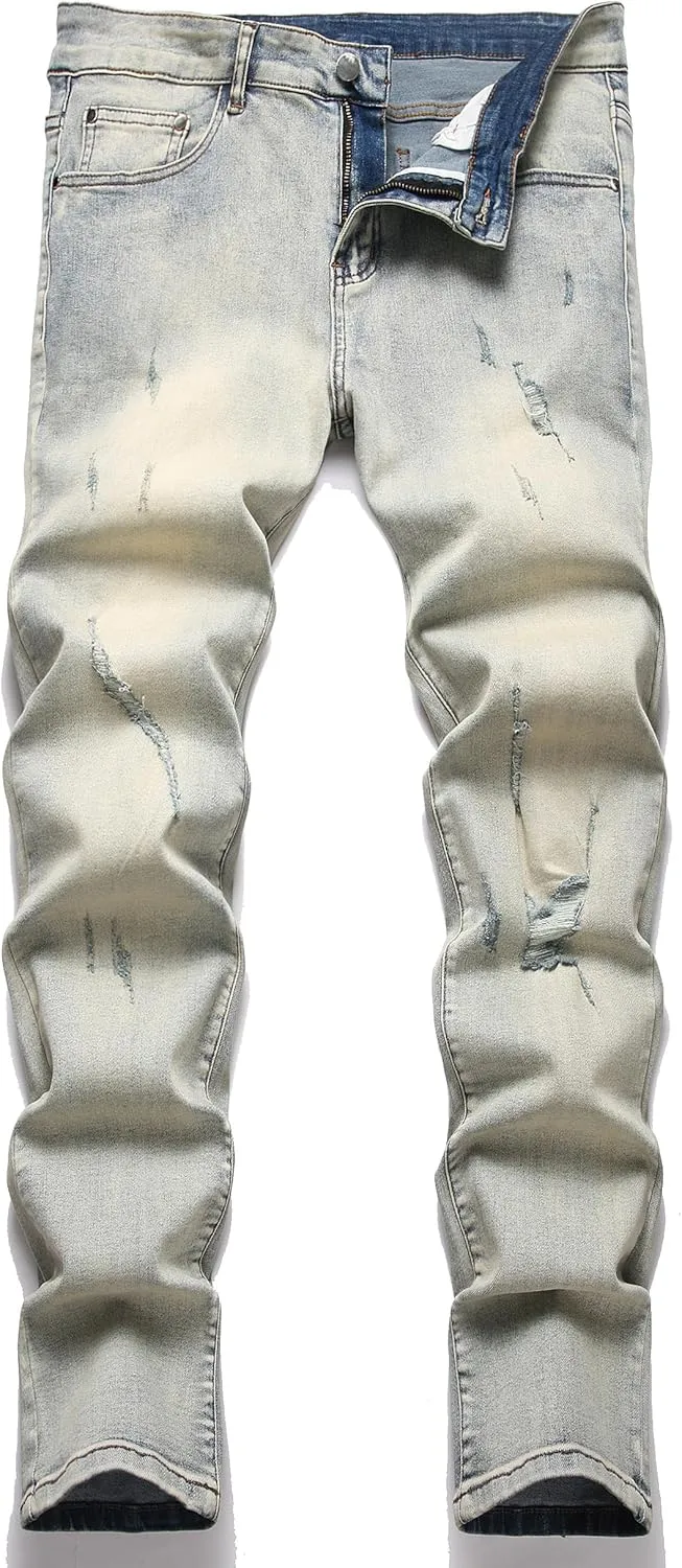 XIMXIMMTIAN Mens Slim Fit Jeans Stretch Ripped Biker Jeans for Men Fashion Straight Comfort Flex Waist Casual Denim Pants