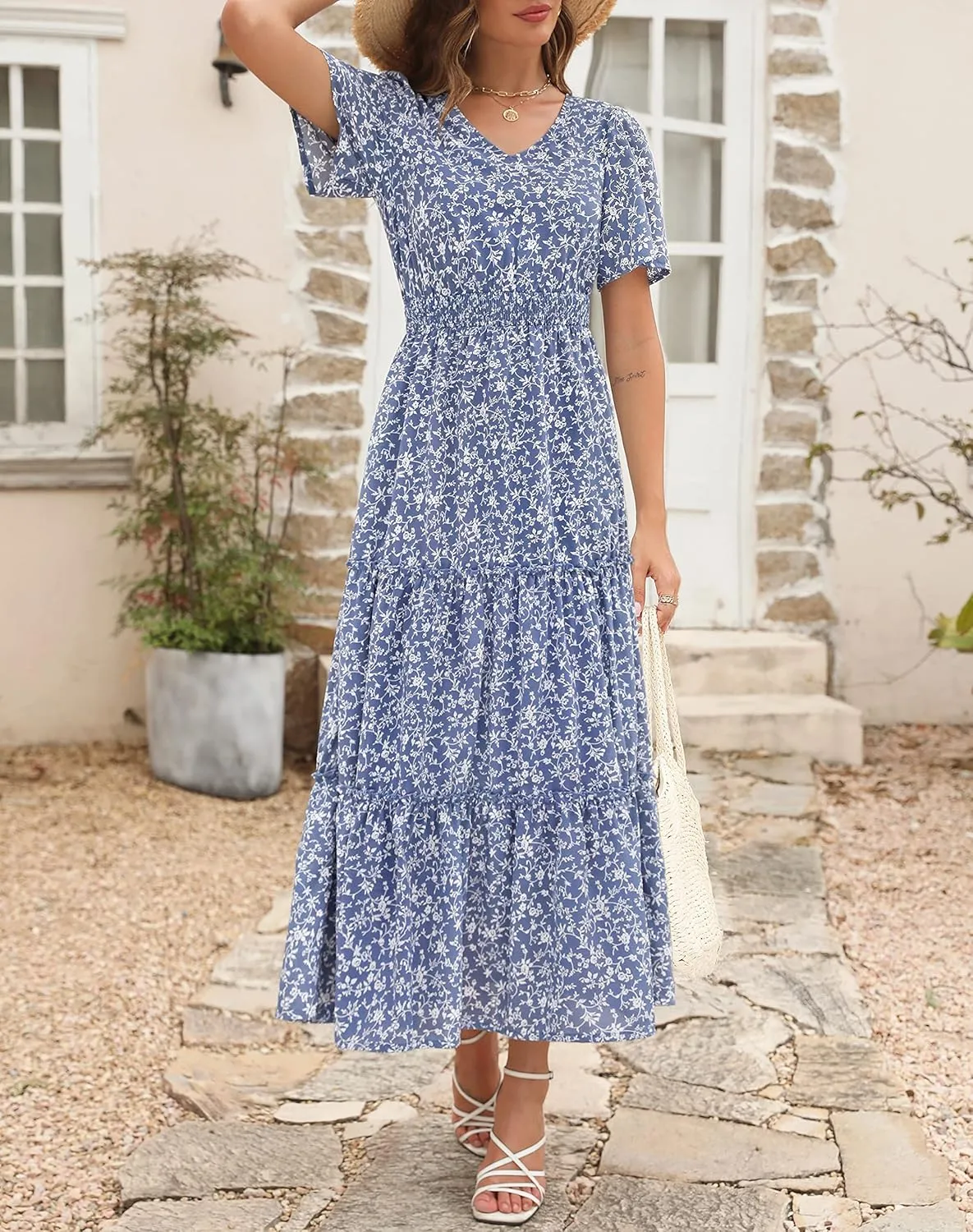 Zattcas Womens 2025 Long Summer Dress Short Flutter Sleeve V Neck Casual Smocked Tiered Modest Floral Boho Maxi Dress