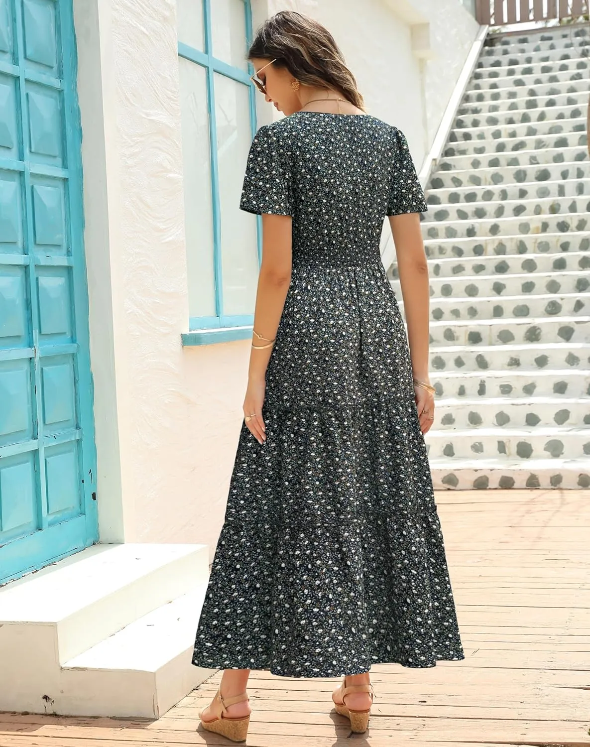 Zattcas Womens 2025 Long Summer Dress Short Flutter Sleeve V Neck Casual Smocked Tiered Modest Floral Boho Maxi Dress