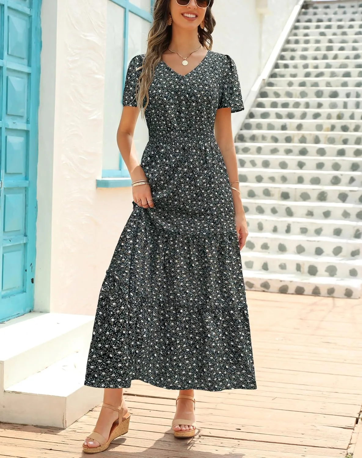 Zattcas Womens 2025 Long Summer Dress Short Flutter Sleeve V Neck Casual Smocked Tiered Modest Floral Boho Maxi Dress