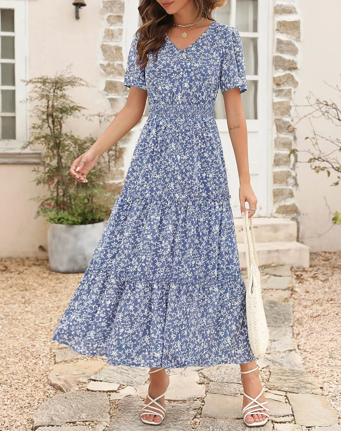 Zattcas Womens 2025 Long Summer Dress Short Flutter Sleeve V Neck Casual Smocked Tiered Modest Floral Boho Maxi Dress