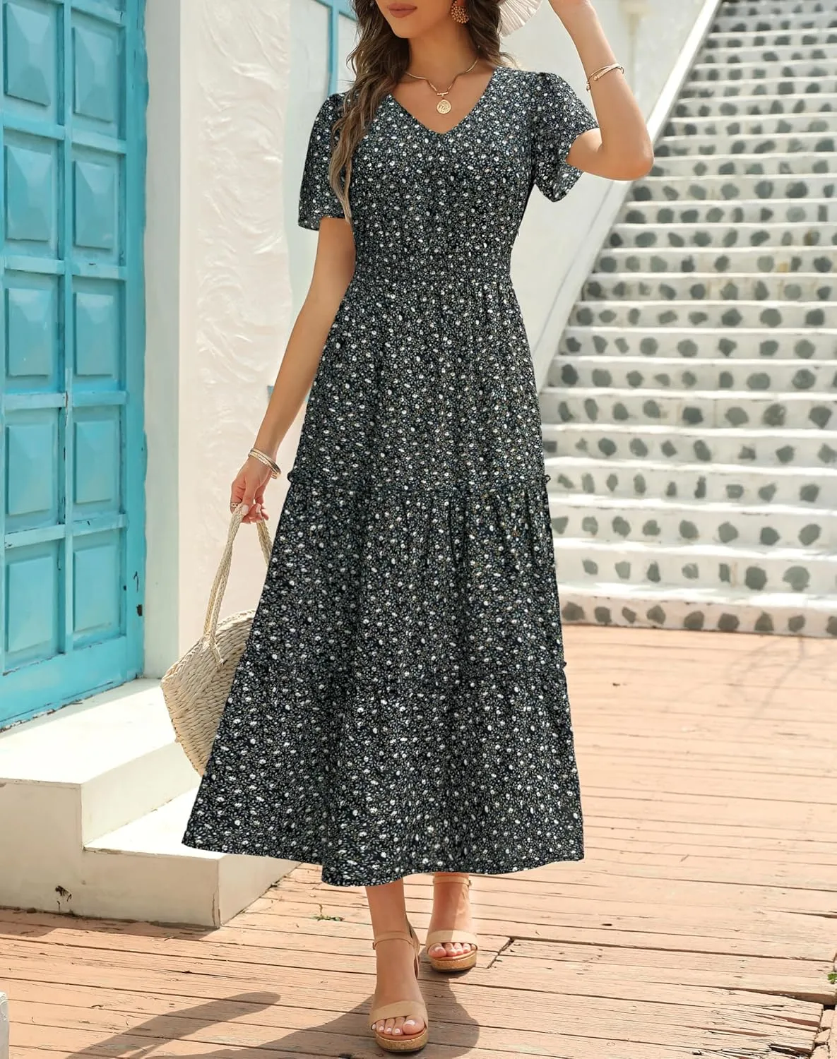 Zattcas Womens 2025 Long Summer Dress Short Flutter Sleeve V Neck Casual Smocked Tiered Modest Floral Boho Maxi Dress