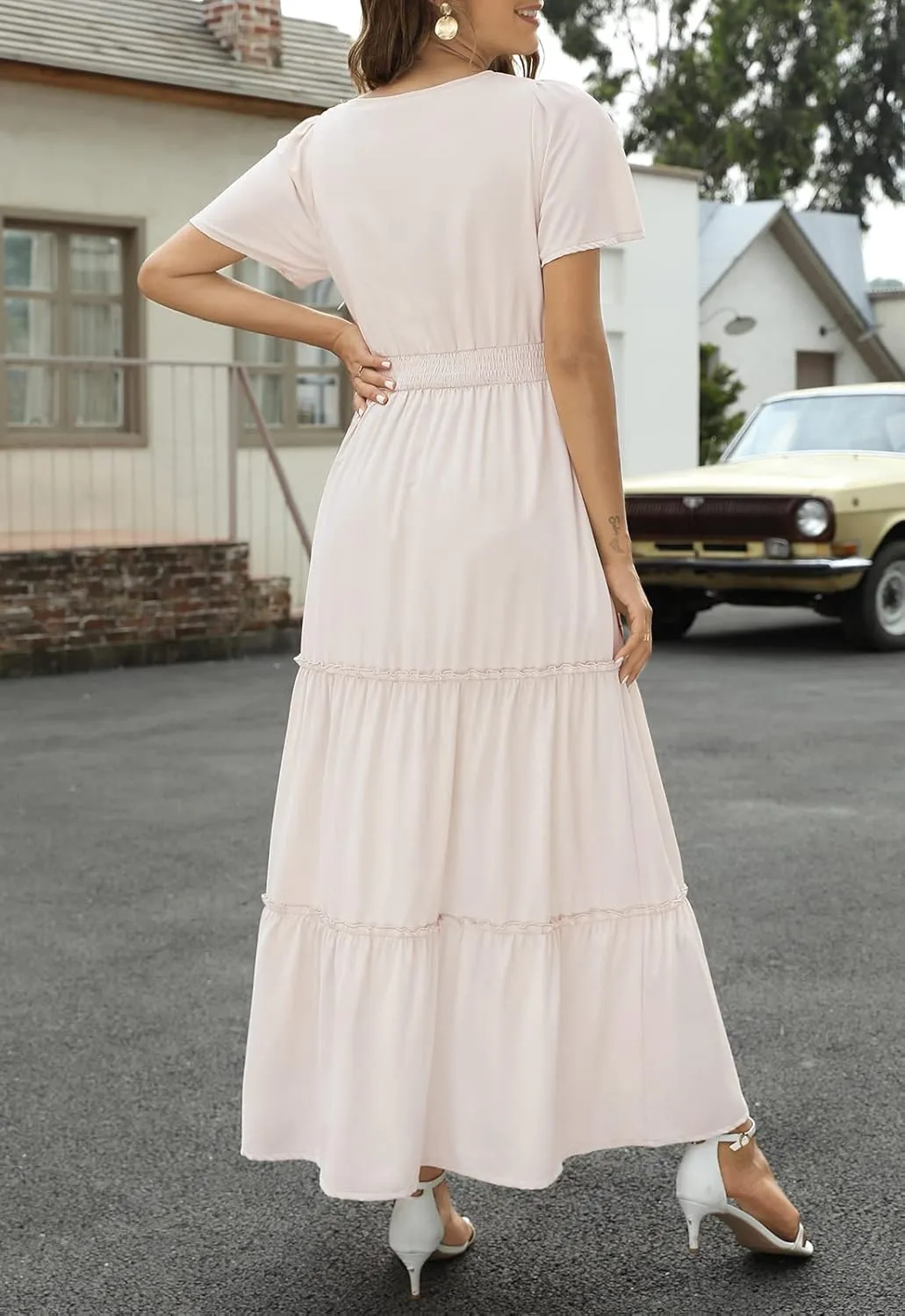 Zattcas Womens 2025 Long Summer Dress Short Flutter Sleeve V Neck Casual Smocked Tiered Modest Floral Boho Maxi Dress