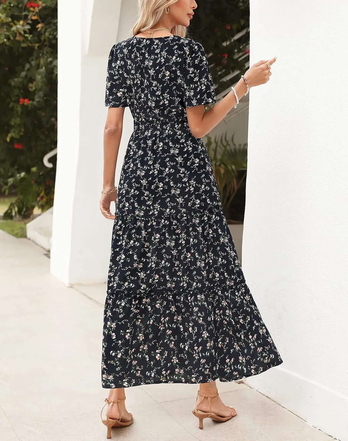Zattcas Womens 2025 Long Summer Dress Short Flutter Sleeve V Neck Casual Smocked Tiered Modest Floral Boho Maxi Dress