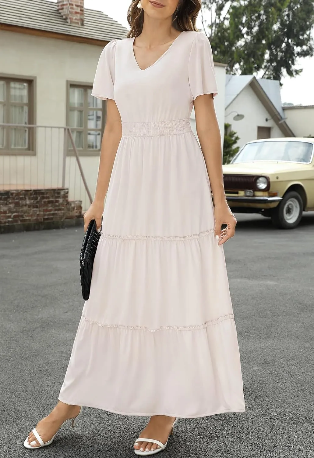 Zattcas Womens 2025 Long Summer Dress Short Flutter Sleeve V Neck Casual Smocked Tiered Modest Floral Boho Maxi Dress