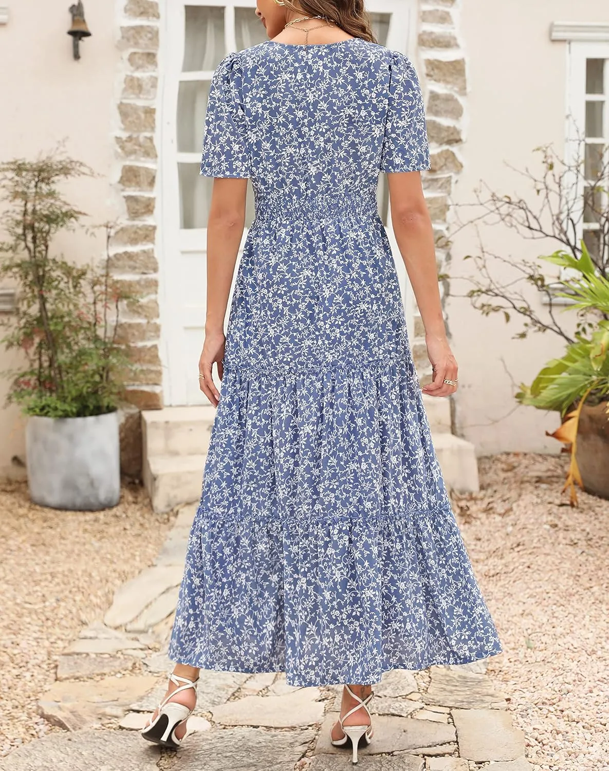 Zattcas Womens 2025 Long Summer Dress Short Flutter Sleeve V Neck Casual Smocked Tiered Modest Floral Boho Maxi Dress