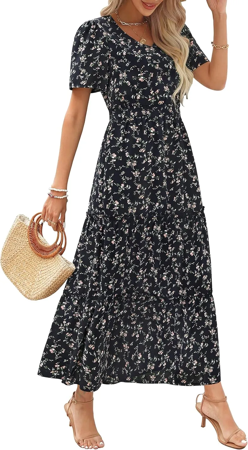Zattcas Womens 2025 Long Summer Dress Short Flutter Sleeve V Neck Casual Smocked Tiered Modest Floral Boho Maxi Dress