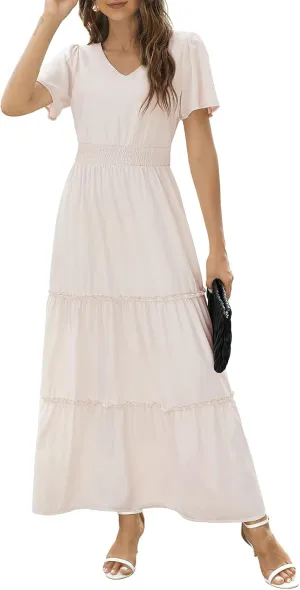 Zattcas Womens 2025 Long Summer Dress Short Flutter Sleeve V Neck Casual Smocked Tiered Modest Floral Boho Maxi Dress