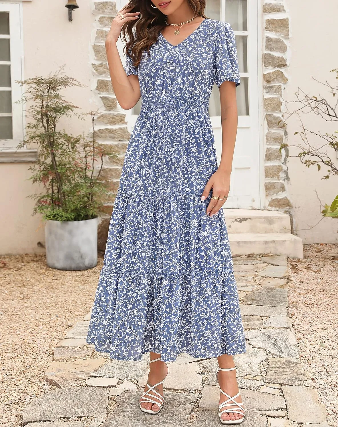 Zattcas Womens 2025 Long Summer Dress Short Flutter Sleeve V Neck Casual Smocked Tiered Modest Floral Boho Maxi Dress