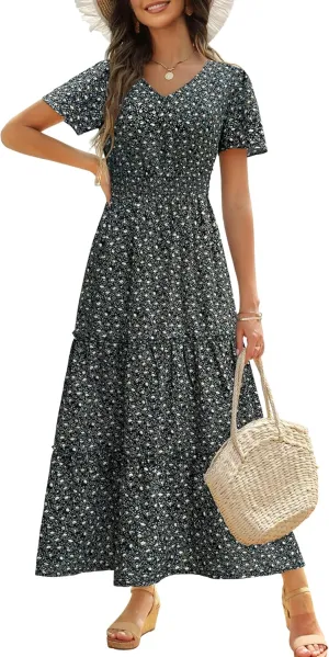 Zattcas Womens 2025 Long Summer Dress Short Flutter Sleeve V Neck Casual Smocked Tiered Modest Floral Boho Maxi Dress