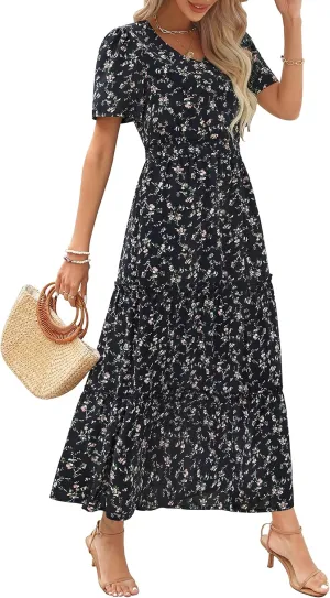 Zattcas Womens 2025 Long Summer Dress Short Flutter Sleeve V Neck Casual Smocked Tiered Modest Floral Boho Maxi Dress