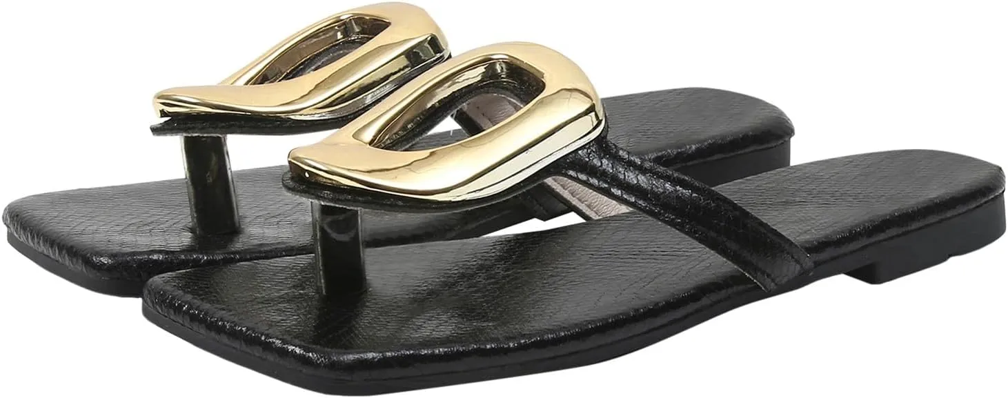 ZSpzx Flat Sandals for Women 2025,Summer Square Open Toe Dressy Sandals Ladies Slipper Slip On Slides Metal Chain Slippers Comfortable Leather Thong Flip Flops Beach Casual Slingback Slide Shoes