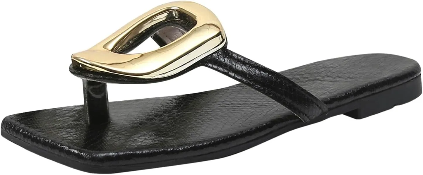 ZSpzx Flat Sandals for Women 2025,Summer Square Open Toe Dressy Sandals Ladies Slipper Slip On Slides Metal Chain Slippers Comfortable Leather Thong Flip Flops Beach Casual Slingback Slide Shoes