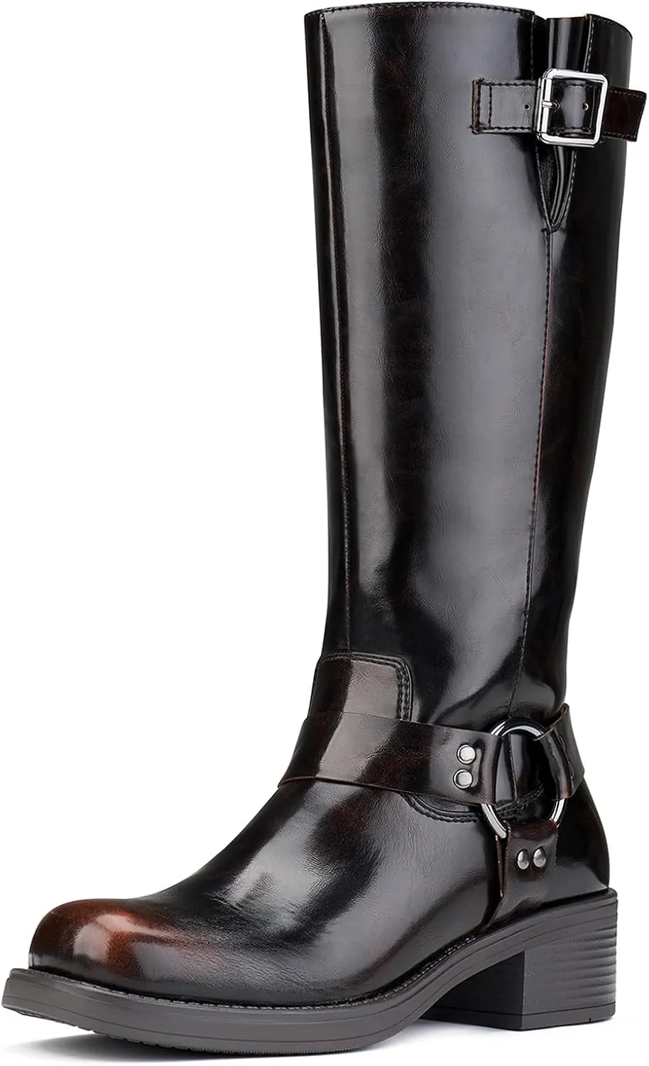 ZURIN Women's Knee High Boots Fashion Buckle Riding Boots Square Toe Chunky Block Heel Vintage Biker Motorcycle Boots for Women