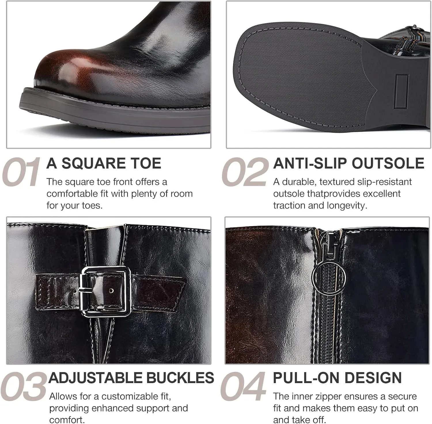 ZURIN Women's Knee High Boots Fashion Buckle Riding Boots Square Toe Chunky Block Heel Vintage Biker Motorcycle Boots for Women
