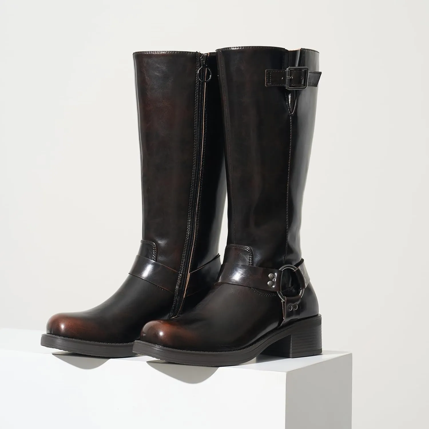 ZURIN Women's Knee High Boots Fashion Buckle Riding Boots Square Toe Chunky Block Heel Vintage Biker Motorcycle Boots for Women