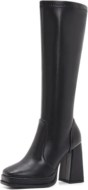 ZXHYZLZ Knee High Gogo Boots 70S For Women Wide Calf Long Tall Square Toe Chunky Boot Women