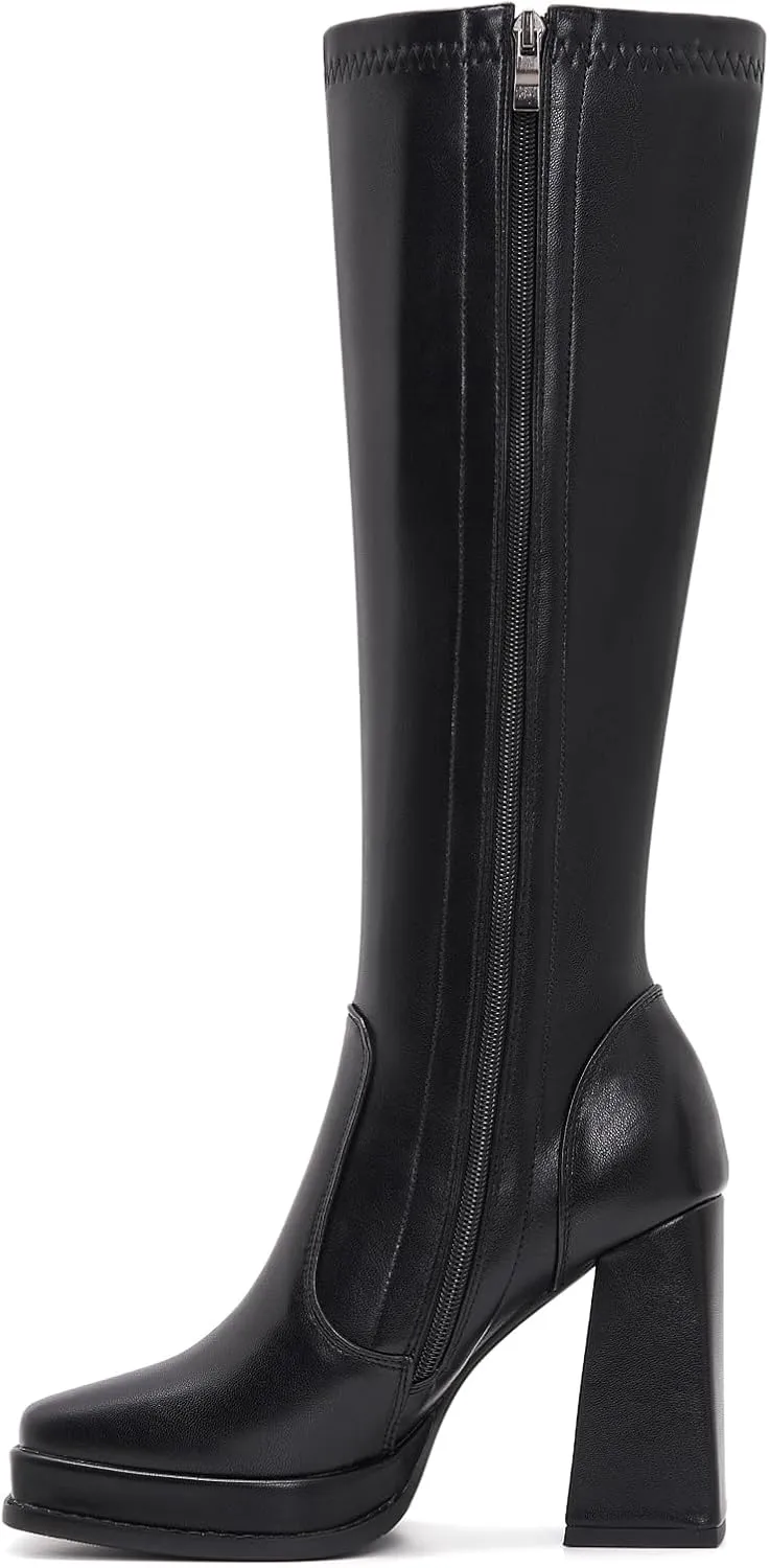 ZXHYZLZ Knee High Gogo Boots 70S For Women Wide Calf Long Tall Square Toe Chunky Boot Women