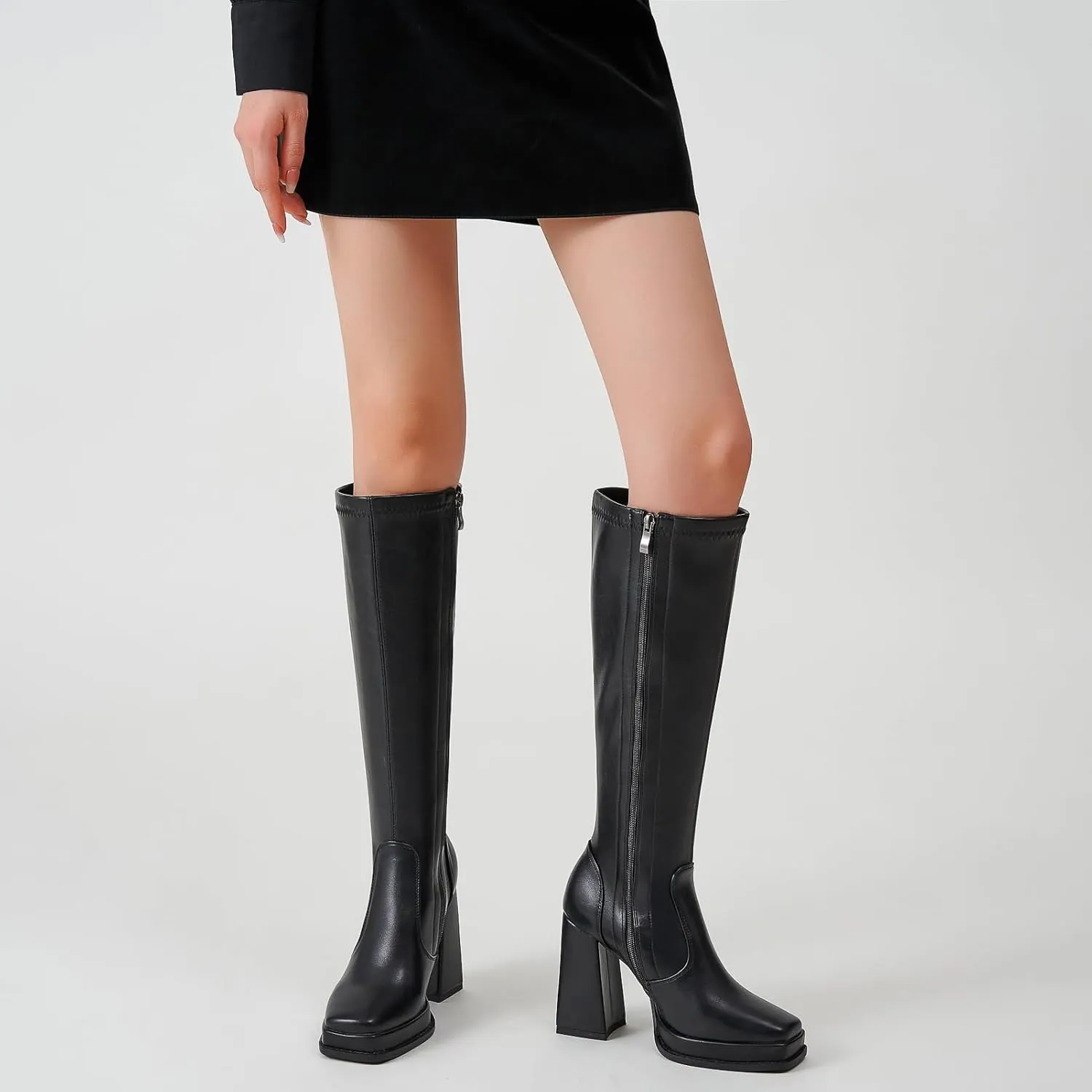 ZXHYZLZ Knee High Gogo Boots 70S For Women Wide Calf Long Tall Square Toe Chunky Boot Women
