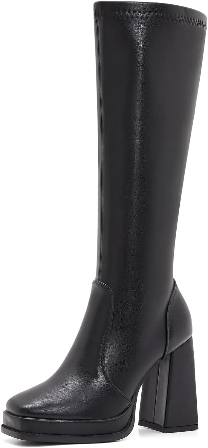 ZXHYZLZ Knee High Gogo Boots 70S For Women Wide Calf Long Tall Square Toe Chunky Boot Women