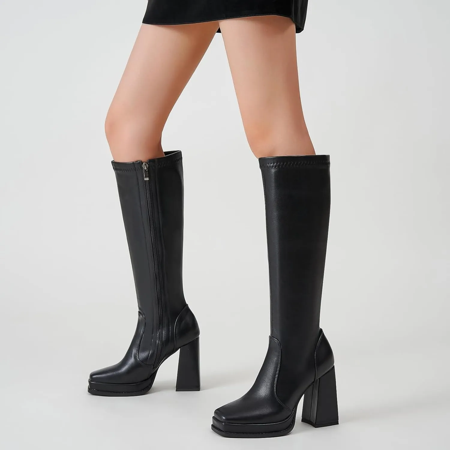 ZXHYZLZ Knee High Gogo Boots 70S For Women Wide Calf Long Tall Square Toe Chunky Boot Women