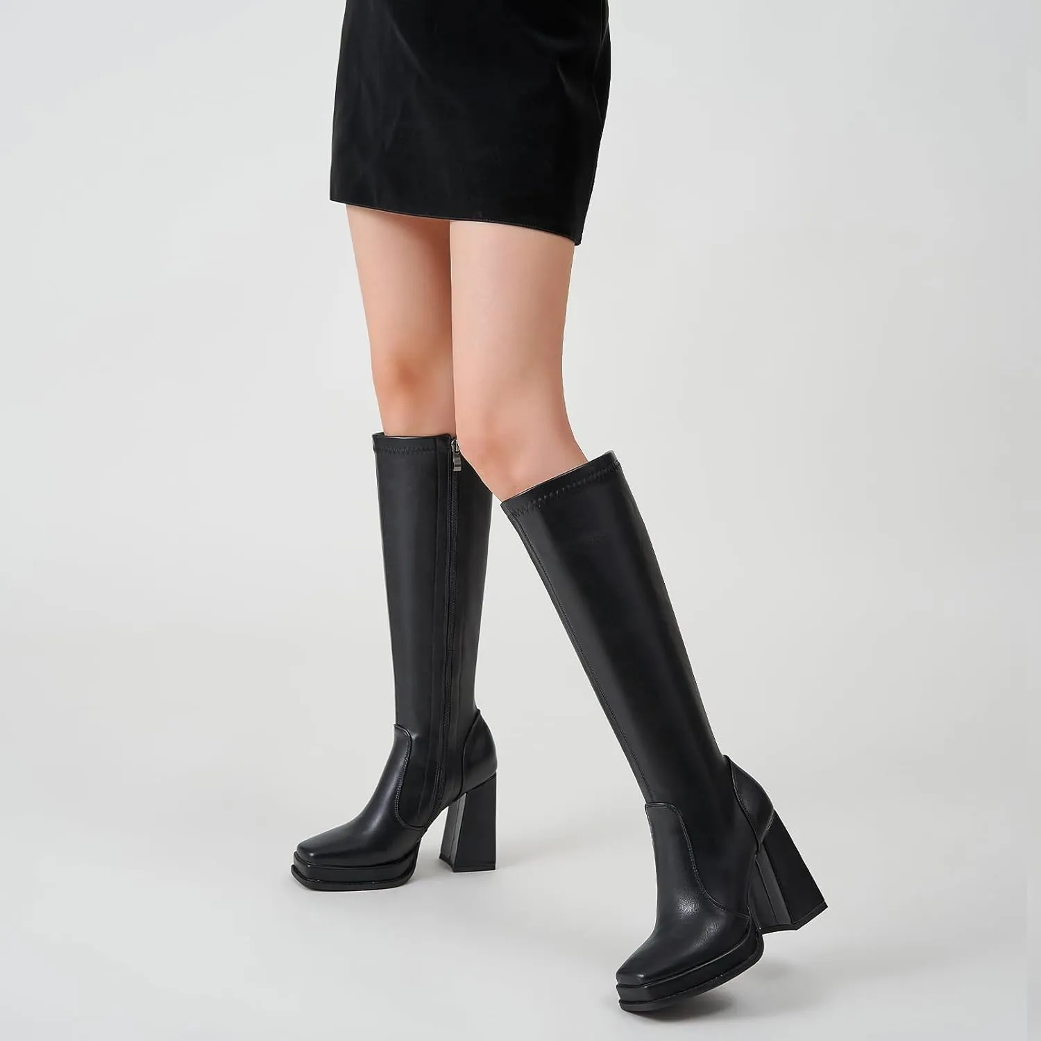 ZXHYZLZ Knee High Gogo Boots 70S For Women Wide Calf Long Tall Square Toe Chunky Boot Women